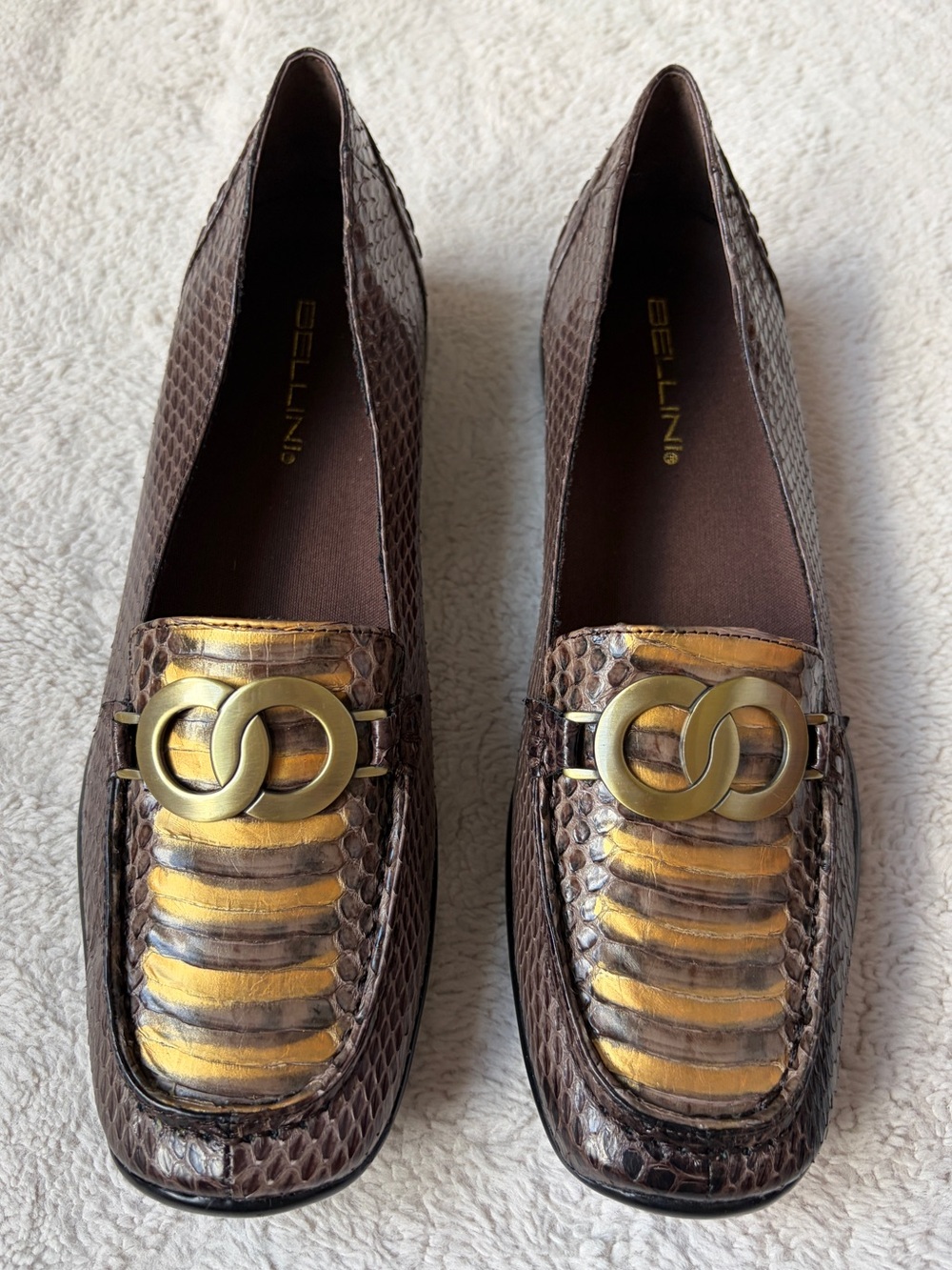 Bellini Brown Snake-Embossed Leather Loafers with Gold Accent Women Size 9.5W